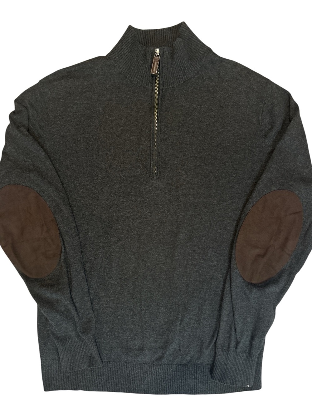 Tre Vero Men’s Medium 1/4 Zip Sweater Gray Wool Cotton Brown Elbow Patches